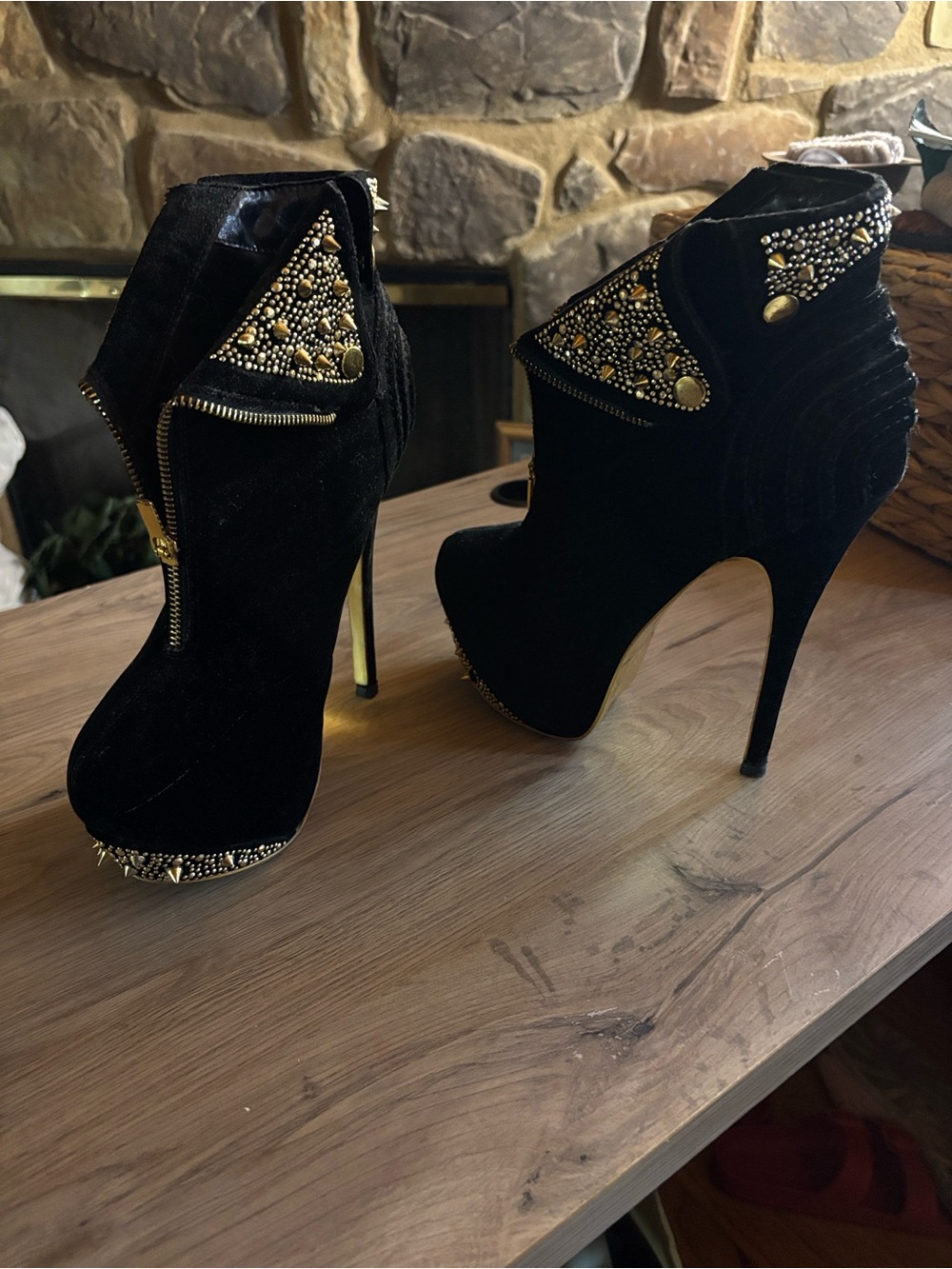 Alba Black Velvet Studded Platform Ankle Boots with Gold Accents - Picture 6 of 7